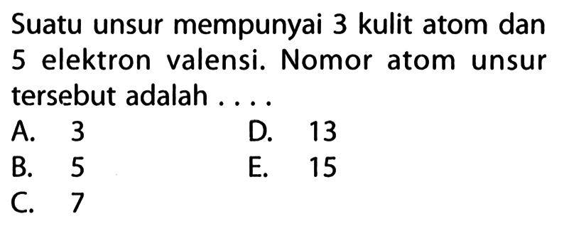 Suatu unsur mempunyai 3 kulit atom dan 5 elektron valensi. Nomor atom unsur tersebut adalah ....