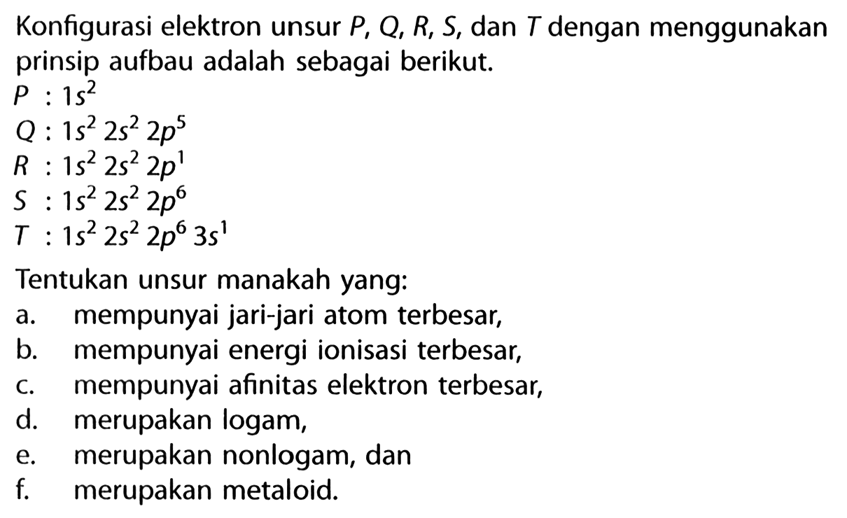 Konfigurasi elektron unsur P, Q, R, S, dan T dengan menggunakan prinsip aufbau adalah sebagai berikut. P : 1s^2 Q : 1s^2 2s^2 2p^5 R : 1s^2 2s^2 2p^1 S : 1s^2 2s^2 2p^6 T : 1s^2 2s^2 2p^6 3s^1 Tentukan unsur manakah yang: a. mempunyai jari-jari atom terbesar b. mempunyai energi ionisasi terbesar, c. mempunyai afinitas elektron terbesar, d. merupakan logam, e. merupakan nonlogam, dan f. merupakan metaloid.