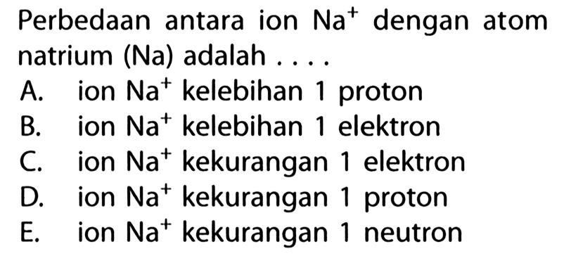 Perbedaan antara ion Na^+ dengan atom natrium (Na) adalah ....A. ion Na^+ kelebihan 1 protonB. ion Na^+ kelebihan 1 elektronC. ion Na^+ kekurangan 1 elektronD. ion Na^+ kekurangan 1 protonE. ion Na^+ kekurangan 1 neutron