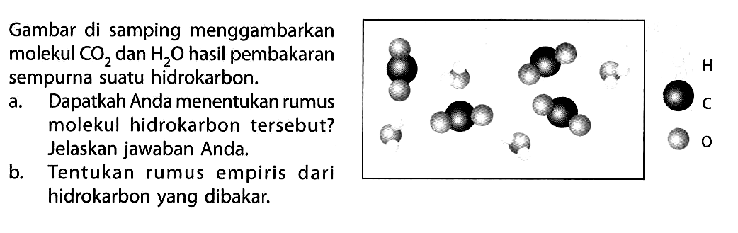 Gambar di samping menggambarkan molekul  CO2  dan  H2O  hasil pembakaran sempurna suatu hidrokarbon.a. Dapatkah Anda menentukan rumus molekul hidrokarbon tersebut? Jelaskan jawaban Anda.  H  b. Tentukan rumus empiris dari hidrokarbon yang dibakar. 