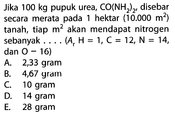 Jika 100 kg pupuk urea, CO(NH2)2, disebar secara merata pada 1 hektar (10.000 m^2) tanah, tiap m^2 akan mendapat nitrogen sebanyak.... (Ar H=1,C=12,N=14, dan O=16 )