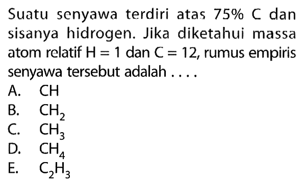 Suatu senyawa terdiri atas 75% C dan sisanya hidrogen. Jika diketahui massa atom relatif H=1 dan C=12, rumus empiris senyawa tersebut adalah .... 