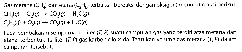 Gas metana  (CH4)  dan etana  (C2H6)  terbakar (bereaksi dengan oksigen) menurut reaksi berikut.  CH4(g)+O2(g)->CO2(g)+H2O(g)   C2H6(g)+O2(g)->CO2(g)+H2O(g) Pada pembakaran sempurna 10 liter  (T, P)  suatu campuran gas yang terdiri atas metana dan etana, terbentuk 12 liter  (T, P)  gas karbon dioksida. Tentukan volume gas metana  (T, P)  dalam campuran tersebut.