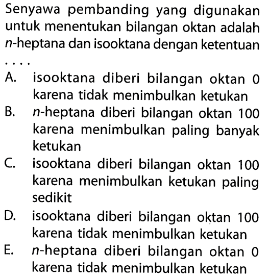 Senyawa pembanding yang digunakan untuk menentukan bilangan oktan adalah n-heptana dan isooktana dengan ketentuan ...