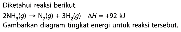 Diketahui reaksi berikut. 2NH3(g) -> N2(g) + 3H2(g) Delta H = +92 kJ Gambarkan diagram tingkat energi untuk reaksi tersebut. 