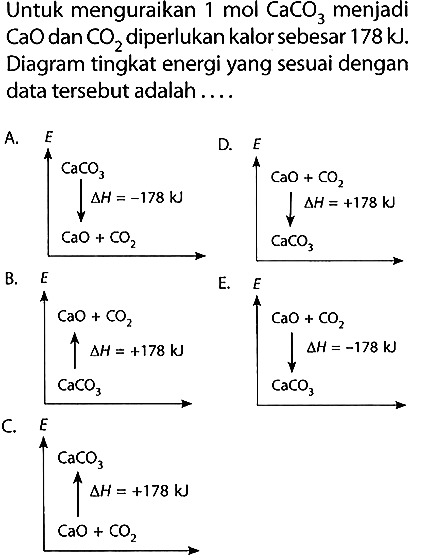 Untuk menguraikan 1 mol CaCO3 menjadi CaO dan CO2 diperlukan kalor sebesar 178 kJ. Diagram tingkat energi yang sesuai dengan data tersebut adalah.... A. E CaCO3 delta H=-178 kJ CaO + CO2 D. E CaO + CO2 delta H=+178 kJ B. E CaO + CO2 delta H=+178 kJ CaCO3 E. CaO +CO2 delta H=-178 kJ CaCO3 C. E CaCO3 delta H=+178 kJ CaO + CO2 