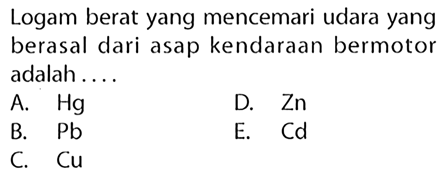 Logam berat yang mencemari udara yang berasal dari asap kendaraan bermotor adalah ....
