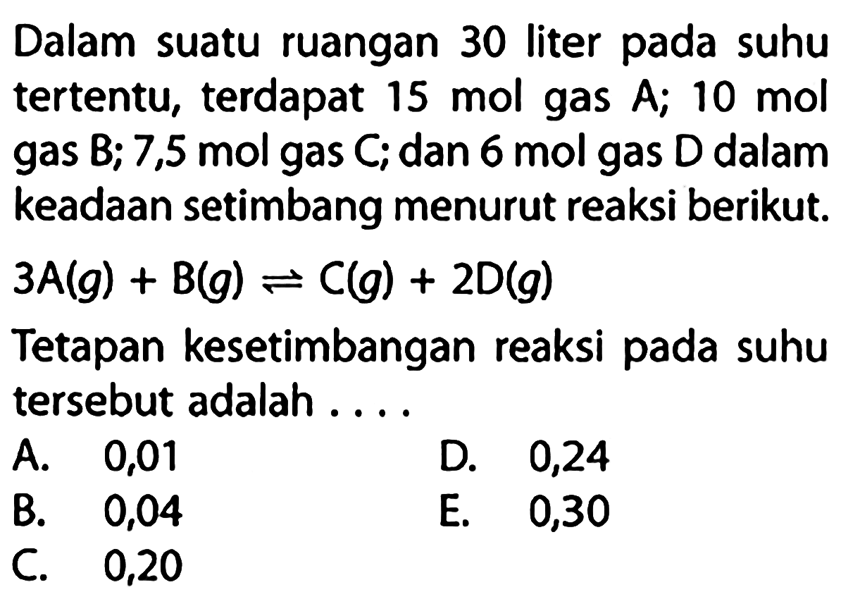 Dalam suatu ruangan 30 liter pada suhu tertentu, terdapat 15 mol gas A; 10 mol gas B; 7,5 mol gas C; dan 6 mol gas D dalam keadaan setimbang menurut reaksi berikut.3 A(g)+B(g) <=> C(g)+2 D(g)Tetapan kesetimbangan reaksi pada suhu tersebut adalah.... 