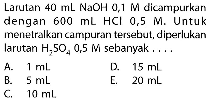 Larutan  40 mL NaOH 0,1 M  dicampurkan dengan  600 mL  HCl 0,5 M. Untuk menetralkan campuran tersebut, diperlukan larutan  H2SO4 0,5 M  sebanyak ....
A.  1 mL 
D.  15 mL 
B.  5 mL 
E.  20 mL 
C.  10 mL 