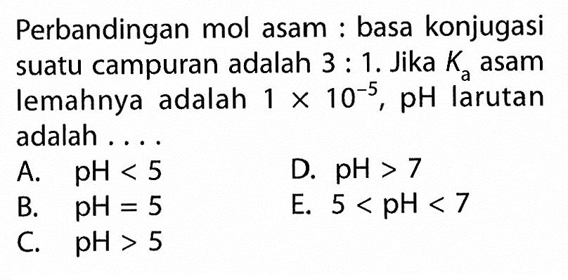 Perbandingan mol asam:basa konjugasi suatu campuran adalah 3:1. Jika Ka asam lemahnya adalah 1 x 10^(-5), pH larutan adalah....