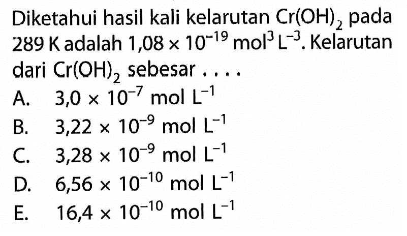 Diketahui hasil kali kelarutan Cr(OH)2 pada 289 K adalah 1,08x10^(-19) mol^3 L^(-3). Kelarutan dari Cr(OH)2 sebesar .... 