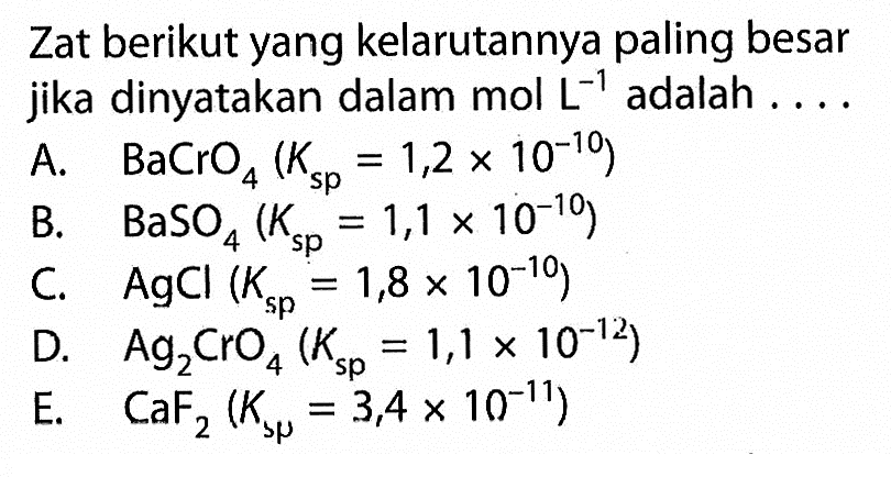 Zat berikut yang kelarutannya paling besar jika dinyatakan dalam mol  L^-1  adalah ....A.   BaCrO4(Ksp=1,2x 10^-10) B.   BaSO4(Ksp=1,1 x 10^-10) C.  AgCl(Ksp=1,8 x 10^-10) D.   Ag2 CrO4(Ksp=1,1 x 10^-12) E.  CaF2(Ks mu=3,4 x 10^-11) 