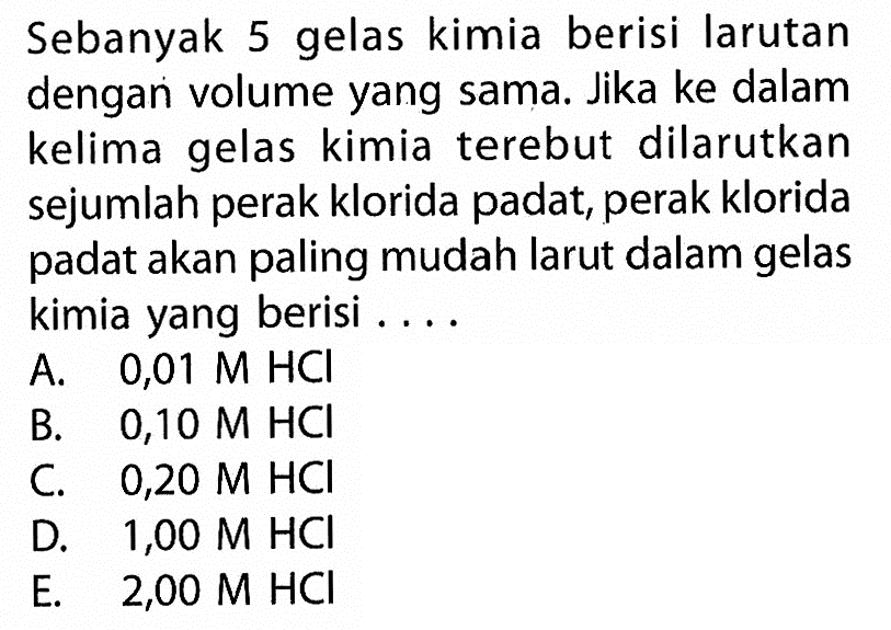 Sebanyak 5 gelas kimia berisi larutan dengan volume yang sama. Jika ke dalam kelima gelas kimia terebut dilarutkan sejumlah perak klorida padat, perak klorida padat akan paling mudah larut dalam gelas kimia yang berisi ....