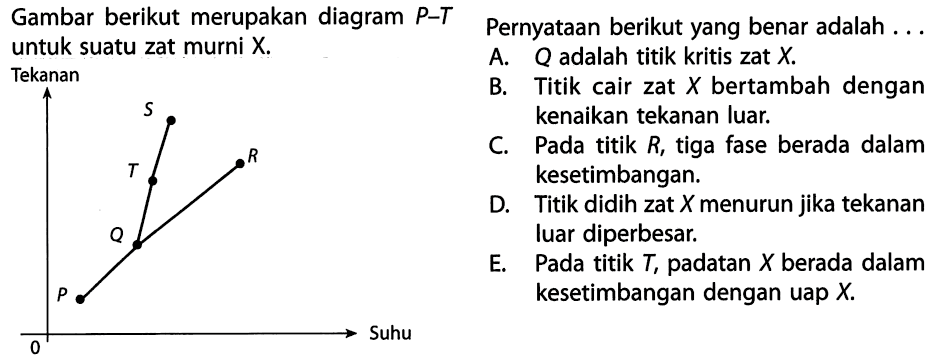 Gambar berikut merupakan diagram P-T untuk suatu zat murni X. Pernyataan berikut yang benar adalah . . . 