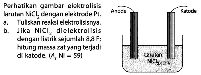 Perhatikan gambar elektrolisis larutan NiCl2 dengan elektrode Pt. a. Tuliskan reaksi elektrolisisnya b. Jika NiCl2 dielektrolisis dengan listrik sejumlah 8,8 F; hitung massa zat yang terjadi di katode. (Ar Ni = 59) Anode Katode Larutan NiCl2