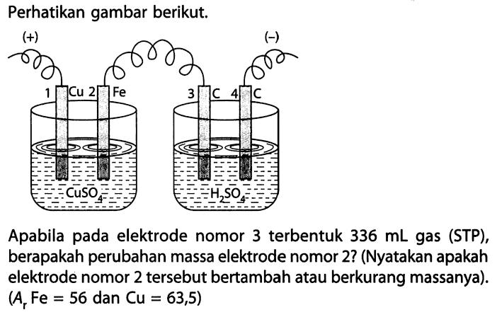 Perhatikan gambar berikut.
(+) (-) 
1 Cu 2 Fe 3 C 4 C 
CuSO4 H2SO4 
Apabila pada elektrode nomor 3 terbentuk 336 mL  gas (STP), berapakah perubahan massa elektrode nomor 2? (Nyatakan apakah elektrode nomor 2 tersebut bertambah atau berkurang massanya).  (Ar Fe=56 dan  Cu=63,5) 