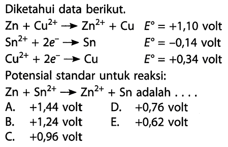 Diketahui data berikut.Zn+Cu^2+ -> Zn^2++Cu  E=+1,10 volt  Sn^2++2 e^- -> Sn E=-0,14 volt  Cu^2++2 e^- -> Cu E=+0,34 volt Potensial standar untuk reaksi:Zn+Sn^2+ -> Zn^2++Sn adalah.... 