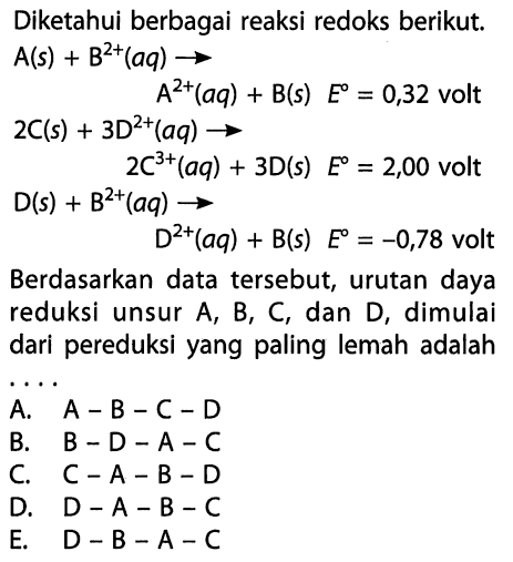 Diketahui berbagai reaksi redoks berikut. A(s) + B^(2+) (aq) -> A^(2+) (aq) + B(s) E=0,32 volt 2C(s) + 3D^(2+) (aq) -> 2C^(3+) (aq) + 3D(s) E=2,00 volt D(s) + B^(2+) (aq) -> D^(2+) (aq) + B(s) E=-0,78 volt Berdasarkan data tersebut, urutan daya reduksi unsur A, B, C, dan D, dimulai dari pereduksi yang paling lemah adalah .... 