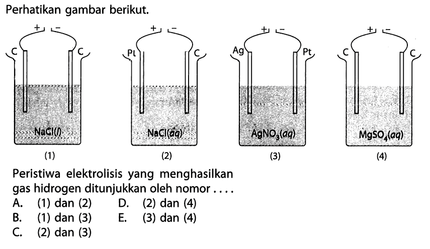 Perhatikan gambar berikut.Peristiwa elektrolisis yang menghasilkan gas hidrogen ditunjukkan oleh nomor.... A. (1) dan (2)B. (1) dan (3)C. (2) dan (3)D. (2) dan (4)E. (3) dan (4) 