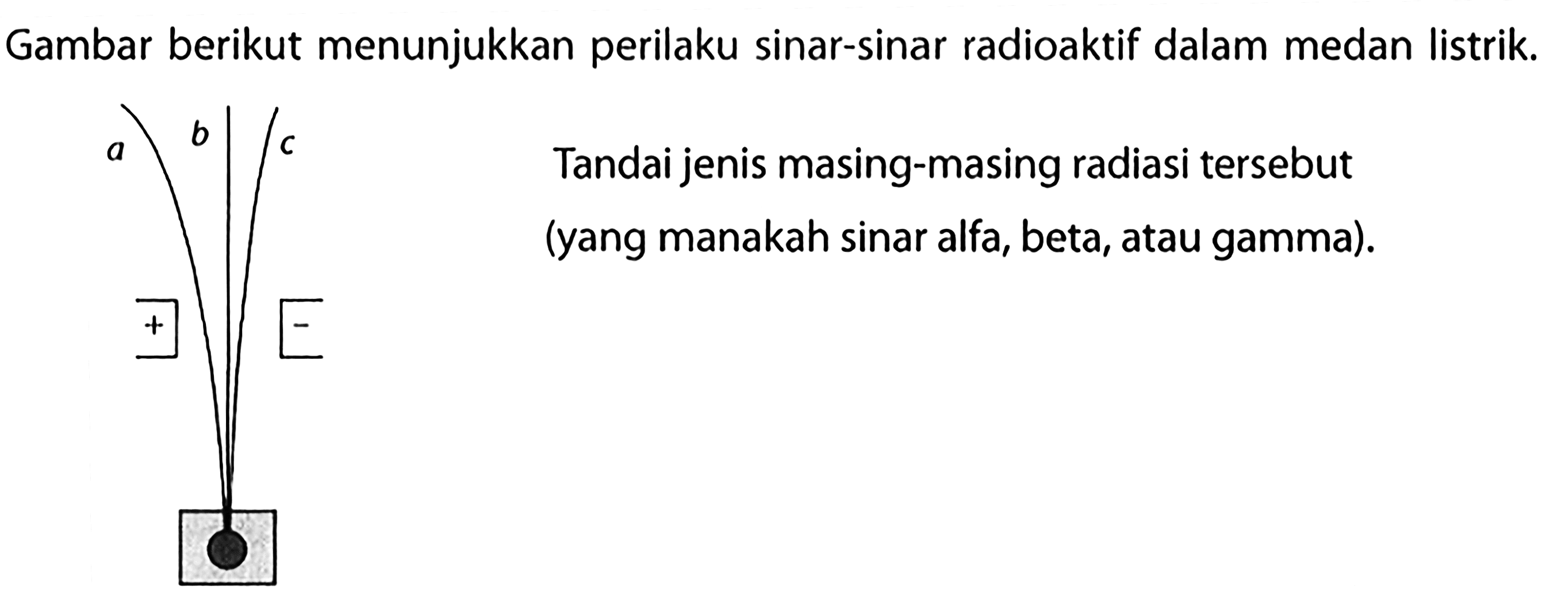 Gambar berikut menunjukkan perilaku sinar-sinar radioaktif dalam medan listrik.
a b c + - 
Tandai jenis masing-masing radiasi tersebut (yang manakah sinar alfa, beta, atau gamma).