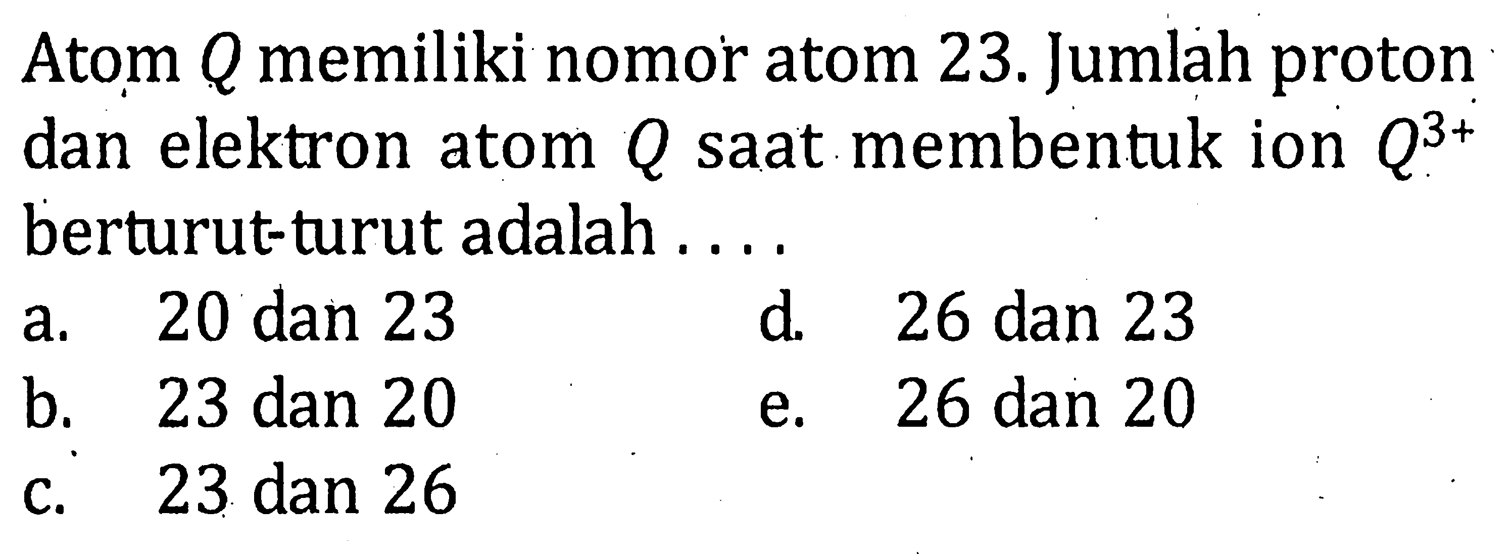 Atom Q memiliki nomor atom 23. Jumlah proton dan elektron atom Q saat membentuk ion Q^(3+) berturut-turut adalah ....