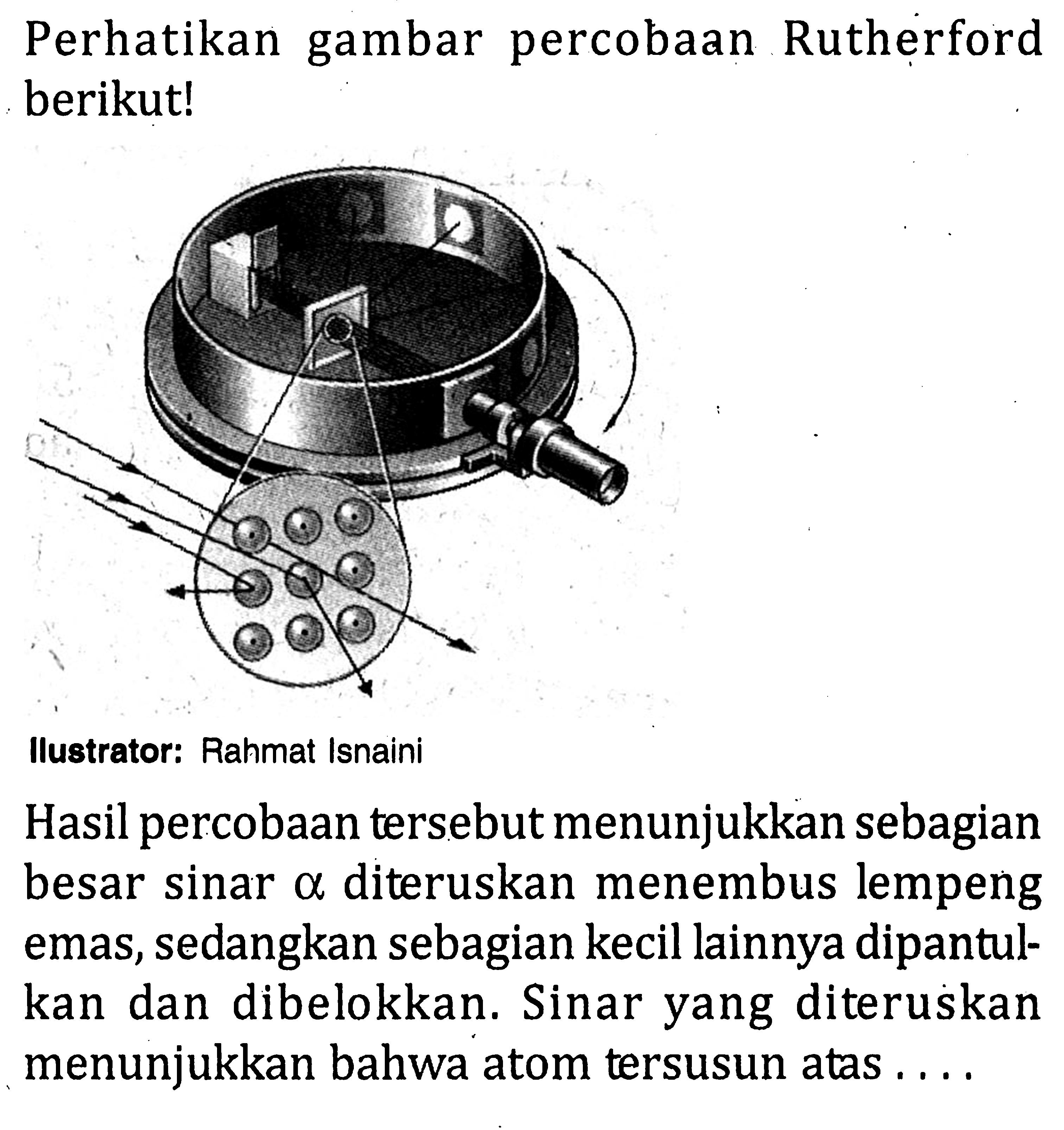 Perhatikan gambar percobaan Rutherford berikut! Ilustrator: Rahmat Isnaini Hasil percobaan tersebut menunjukkan sebagian besar sinar alpha diteruskan menembus lempeng emas, sedangkan sebagian kecil lainnya dipantul-kan dan dibelokkan. Sinar yang diteruskan menunjukkan bahwa atom tersusun atas ....