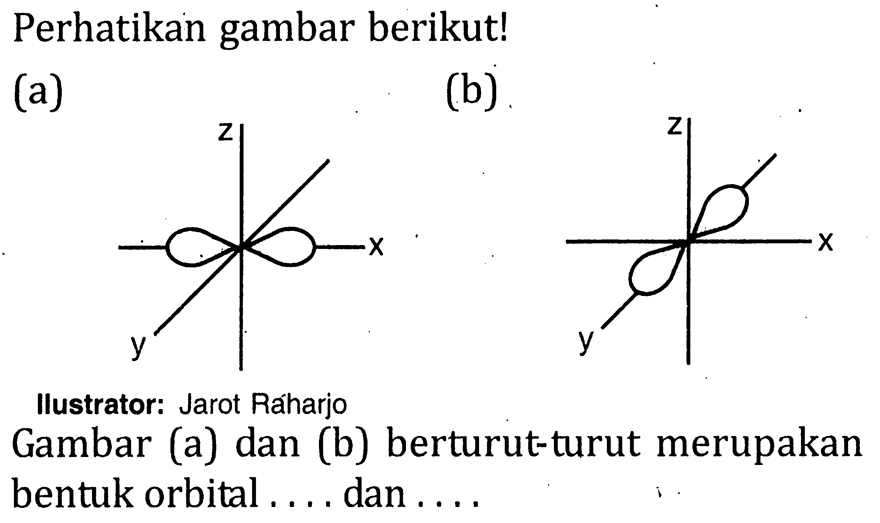 Perhatikan gambar berikut! (a) (b) Ilustrator: Jarot Raharjo Gambar (a) dan (b) berturut-turut merupakan bentuk orbital .... dan ....