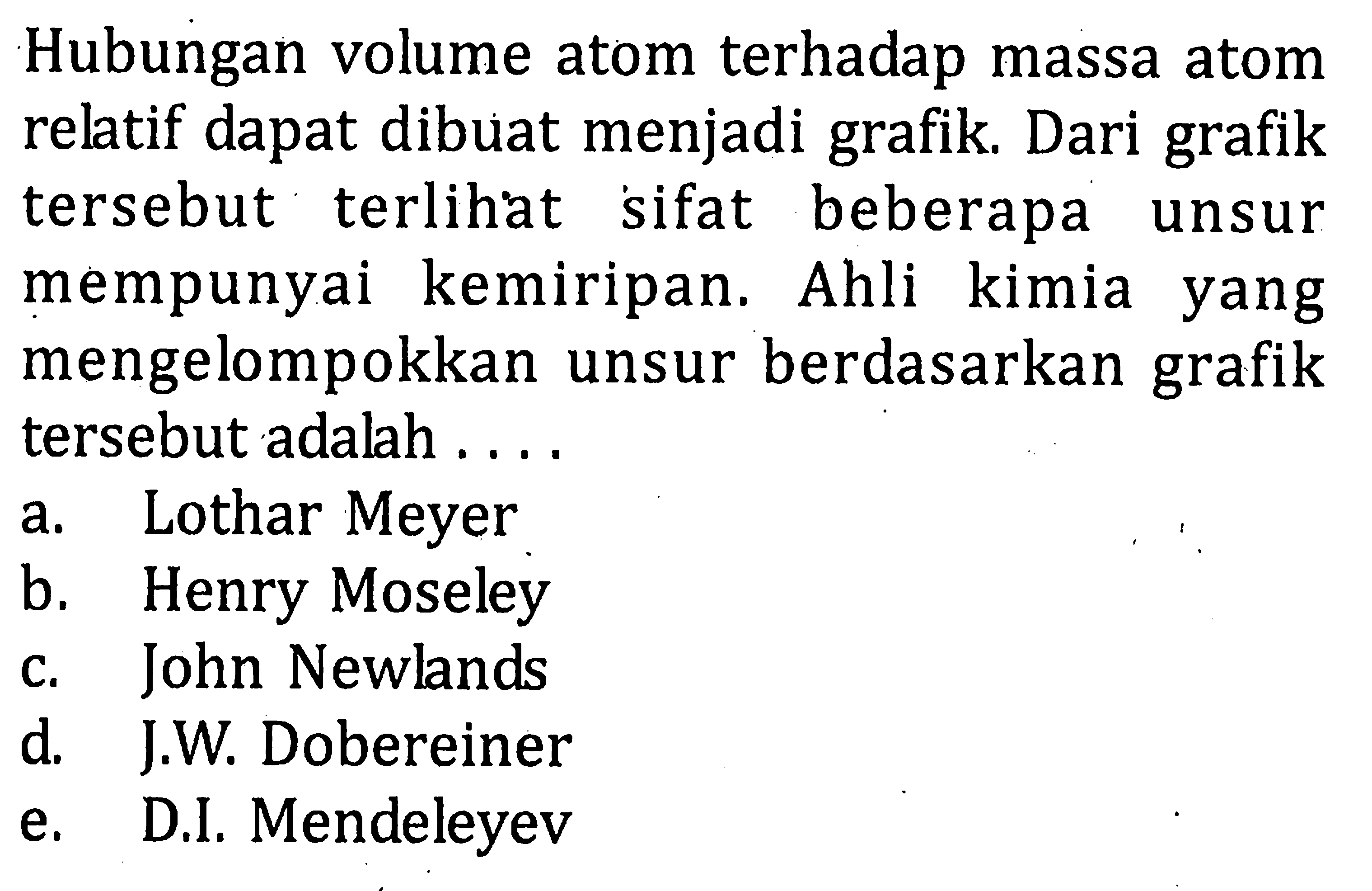 Hubungan volume atom terhadap massa atom relatif dapat dibuat menjadi grafik. Dari grafik tersebut terlihat sifat beberapa unsur mempunyai kemiripan. Ahli kimia yang mengelompokkan unsur berdasarkan grafik tersebut adalah ....