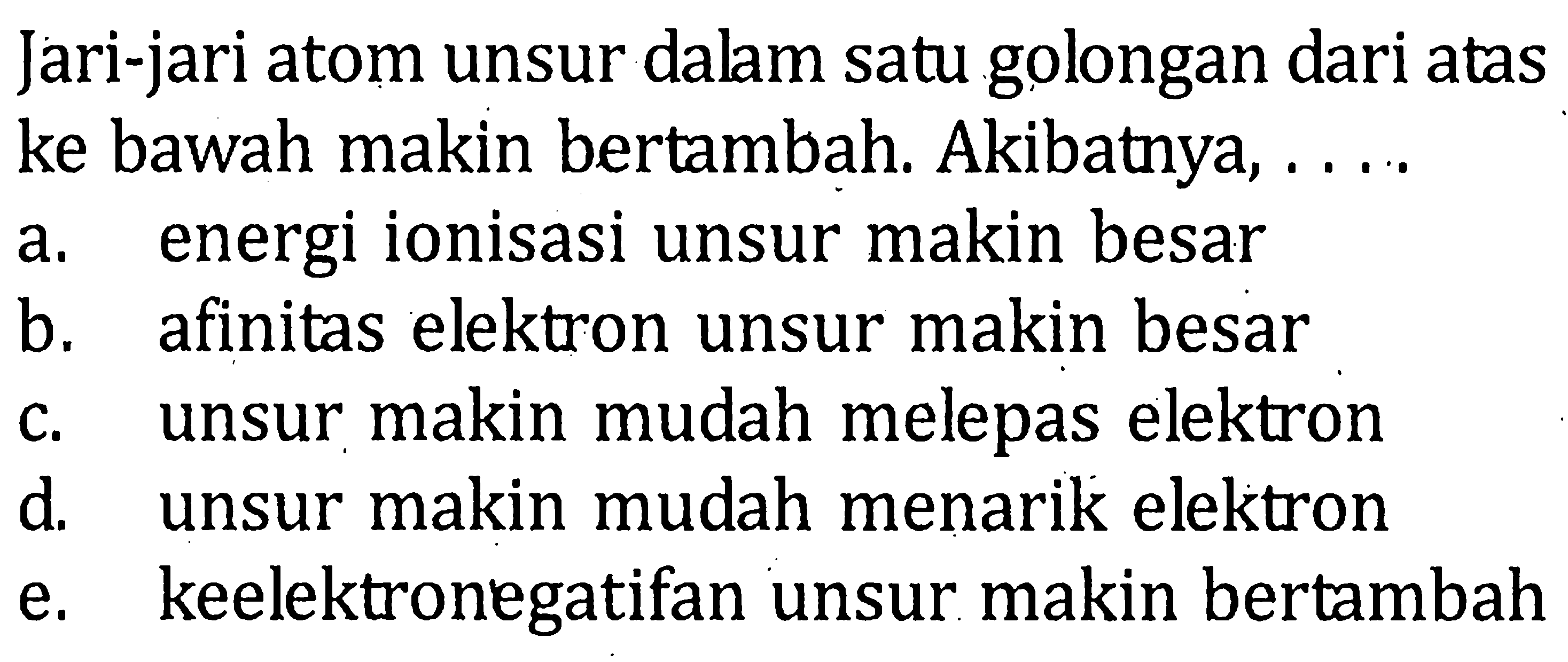 Jari-jari atom unsur dalam satu golongan dari atas ke bawah makin bertambah. Akibatnya, ....