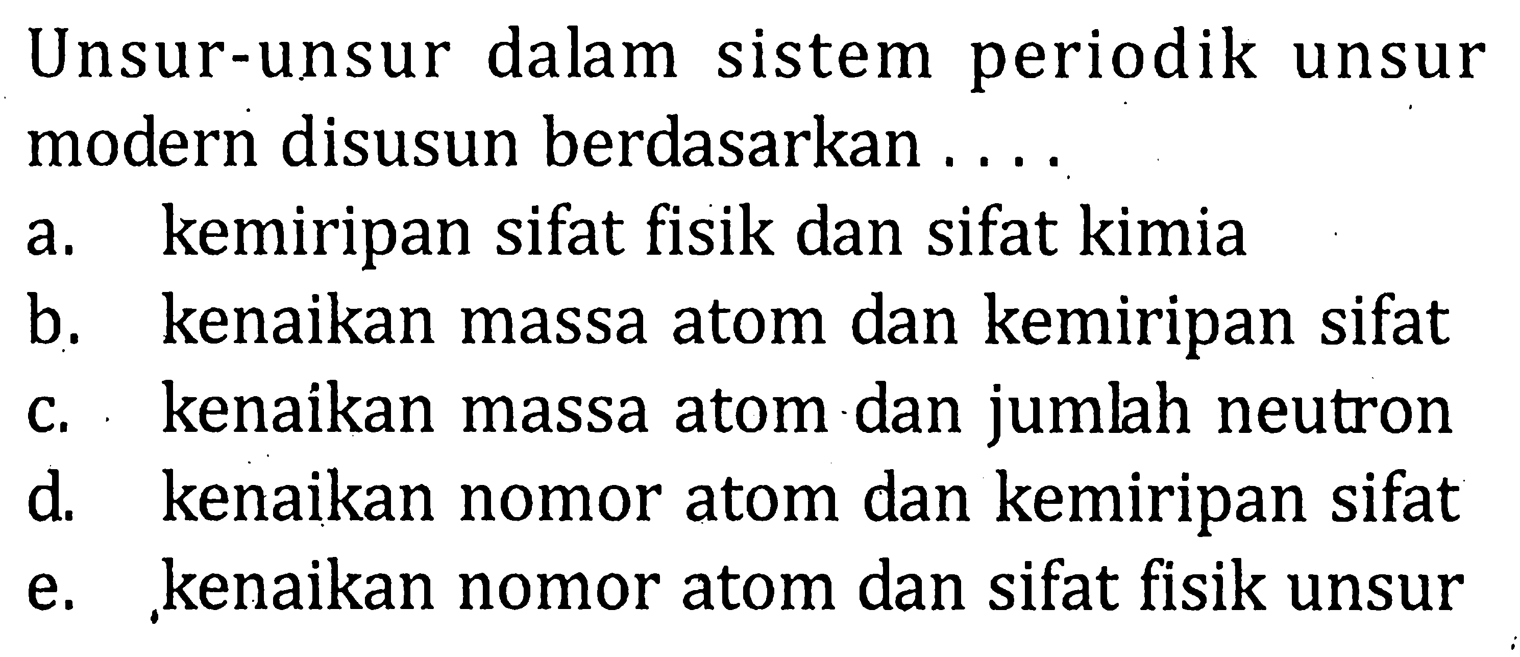 Unsur-unsur dalam sistem periodik unsur modern disusun berdasarkan ....