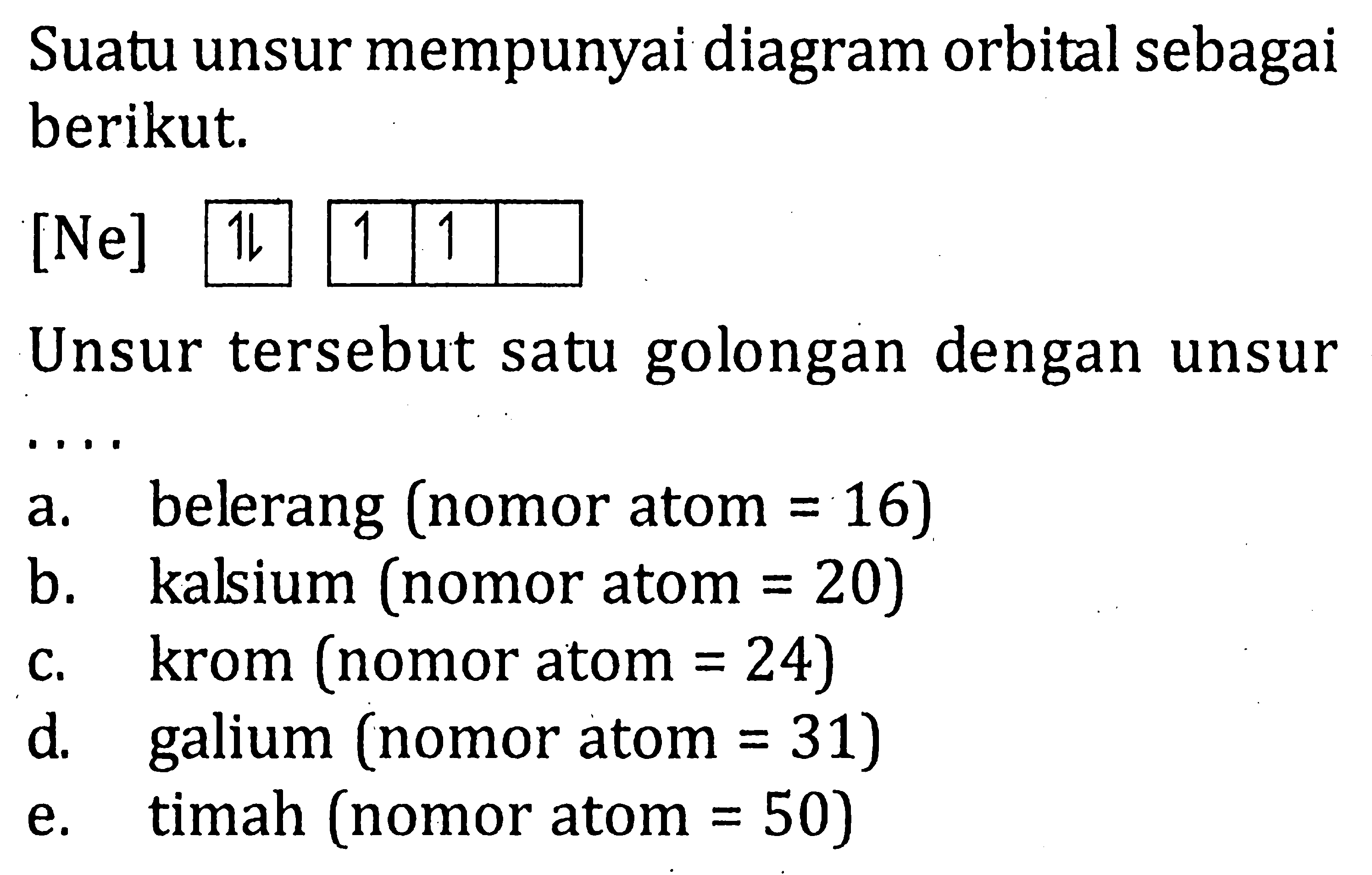 Suatu unsur mempunyai diagram orbital sebagai berikut. [Ne] Unsur tersebut satu golongan dengan unsur ....