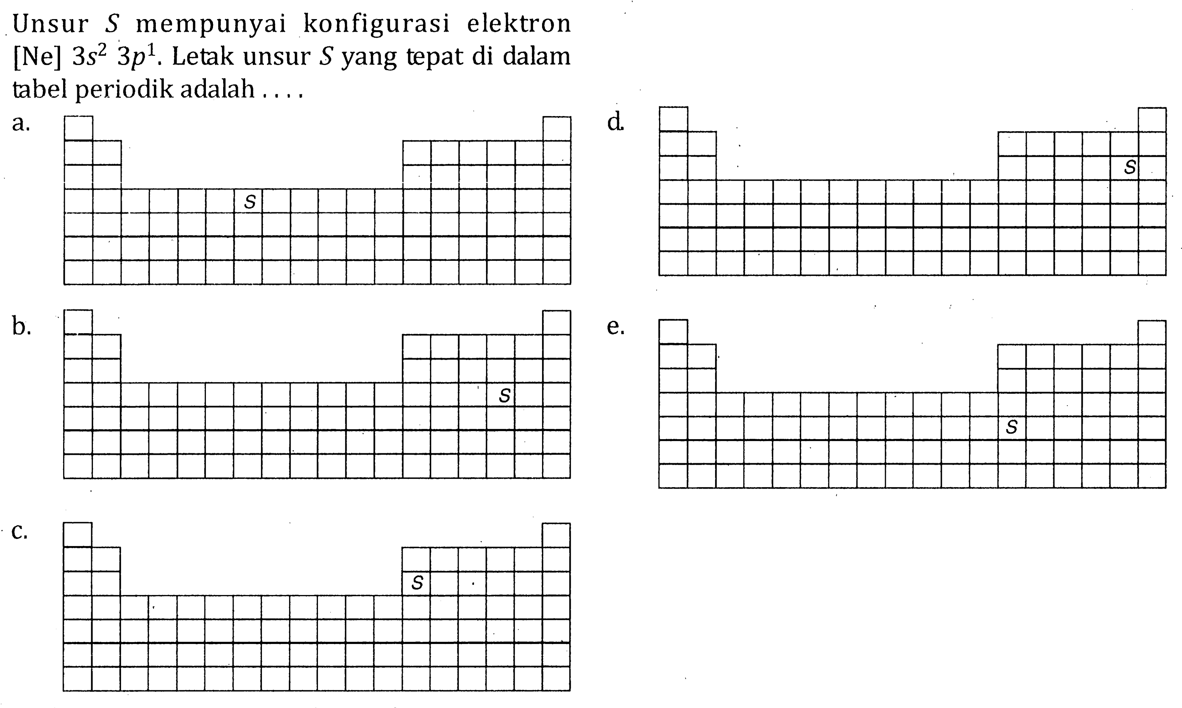 Unsur S mempunyai konfigurasi elektron [Ne] 3s^2 3p^1. Letak unsur S yang tepat di dalam tabel periodik adalah ....