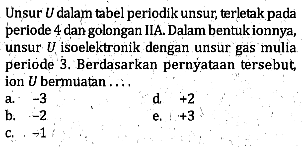 Unsur U dalam tabel periodik unsur, terletak pada periode 4 dan golongan IIA. Dalam bentuk ionnya, unsur U isoelektronik dengan unsur gas mulia periode 3. Berdasarkan pernyataan tersebut, ion U bermuatan ...