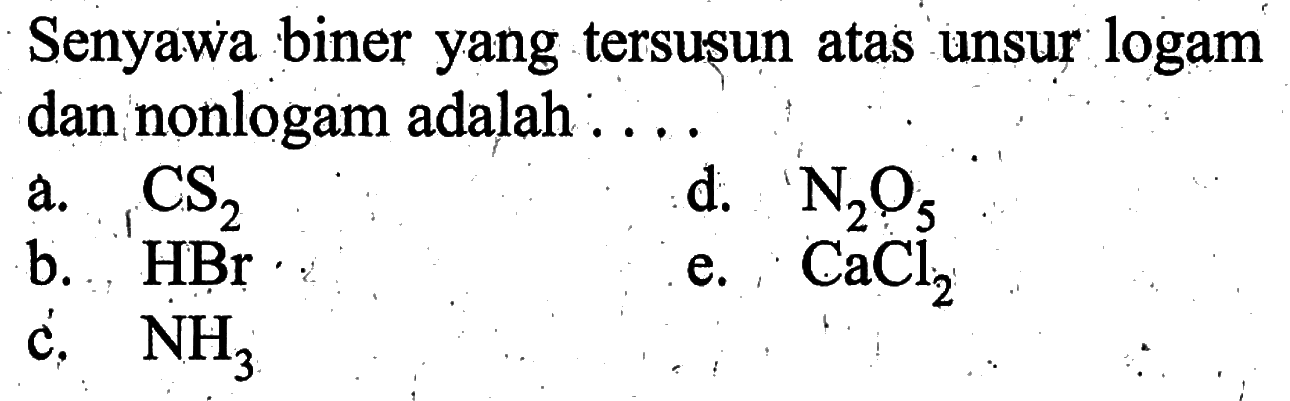 Senyawa biner yang tersusun atas unsur logam dan nonlogam adalah....