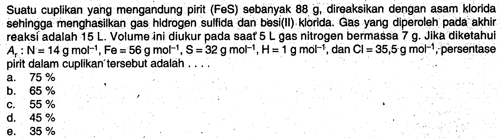 Suatu cuplikan yang mengandung pirit (FeS) sebanyak  88 g , direaksikan dengan asam klorida sehingga menghasilkan gas hidrogen sulfida dan besi(II) klorida. Gas yang diperoleh pada akhir reaksi adalah 15 L. Volume ini diukur pada saat  5 L  gas nitrogen bermassa  7 g . Jika diketahui  Ar: N=14 g mol^-1, Fe=56 g mol^-1, S=32 g mol^-1, H=1 g  mol^-1 , dan  Cl=35,5 g  mol^-1 , persentase pirit dalam cuplikan tersebut adalah....