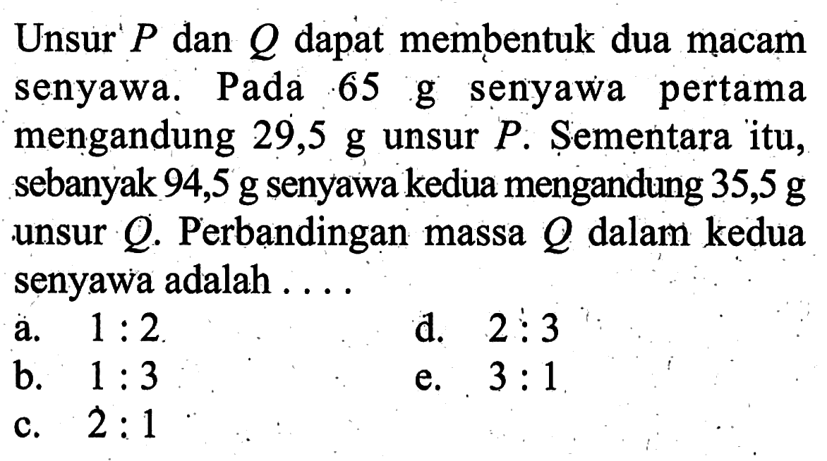 Unsur P dan Q dapat membentuk dua macam senyawa. Pada 65 g senyawa pertama mengandung 29,5 g unsur P. Sementara itu, sebanyak 94,5 g senyawa kedua mengandung 35,5 g unsur Q. Perbandingan massa Q dalam kedua senyawa adalah ....