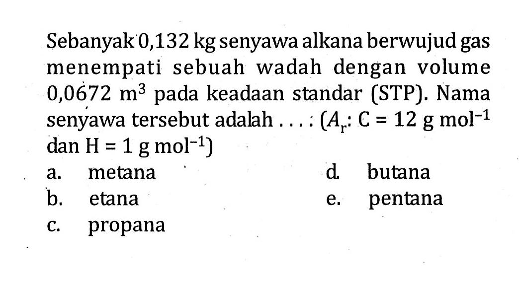 Sebanyak 0,132 kg senyawa alkana berwujud gas menempati sebuah wadah dengan volume 0,0672 m^3 pada keadaan standar (STP). Nama senyawa tersebut adalah ... (Ar: C=12 g mol^-1 dan H=1 g mol^-1)