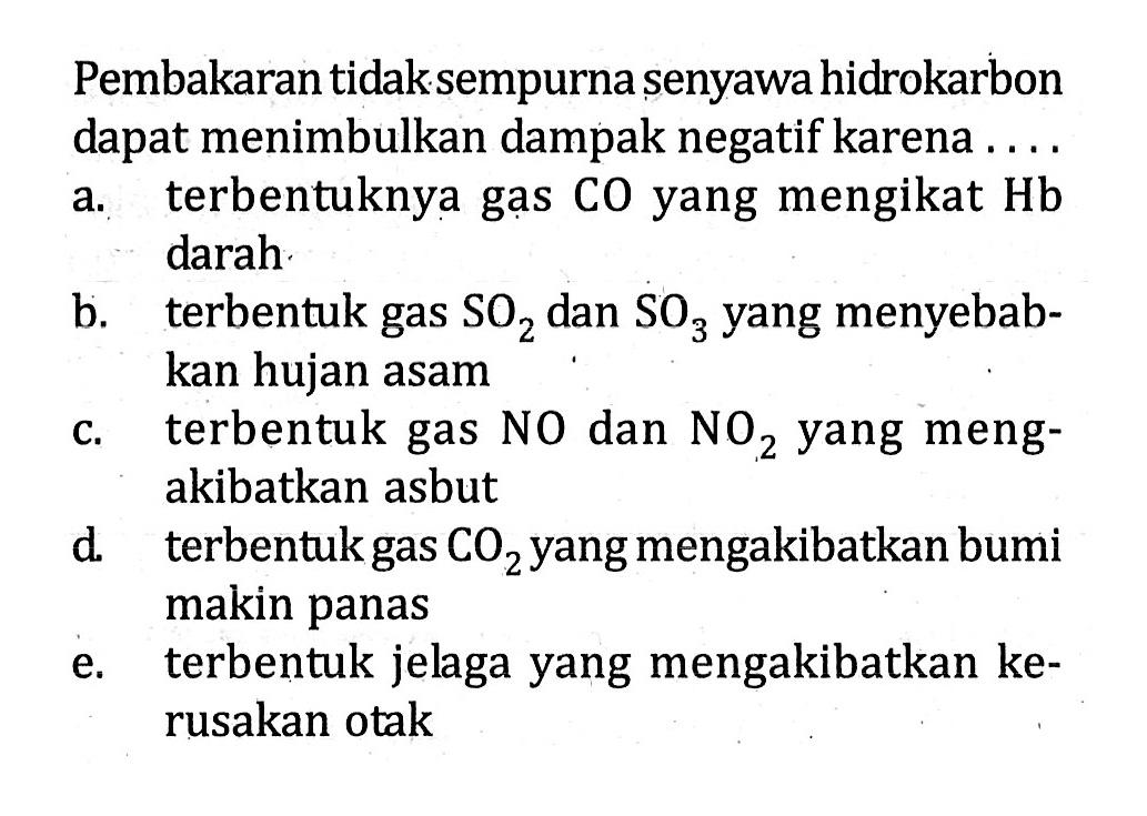 Pembakaran tidaksempurna senyawa hidrokarbon dapat menimbulkan dampak negatif karena ....