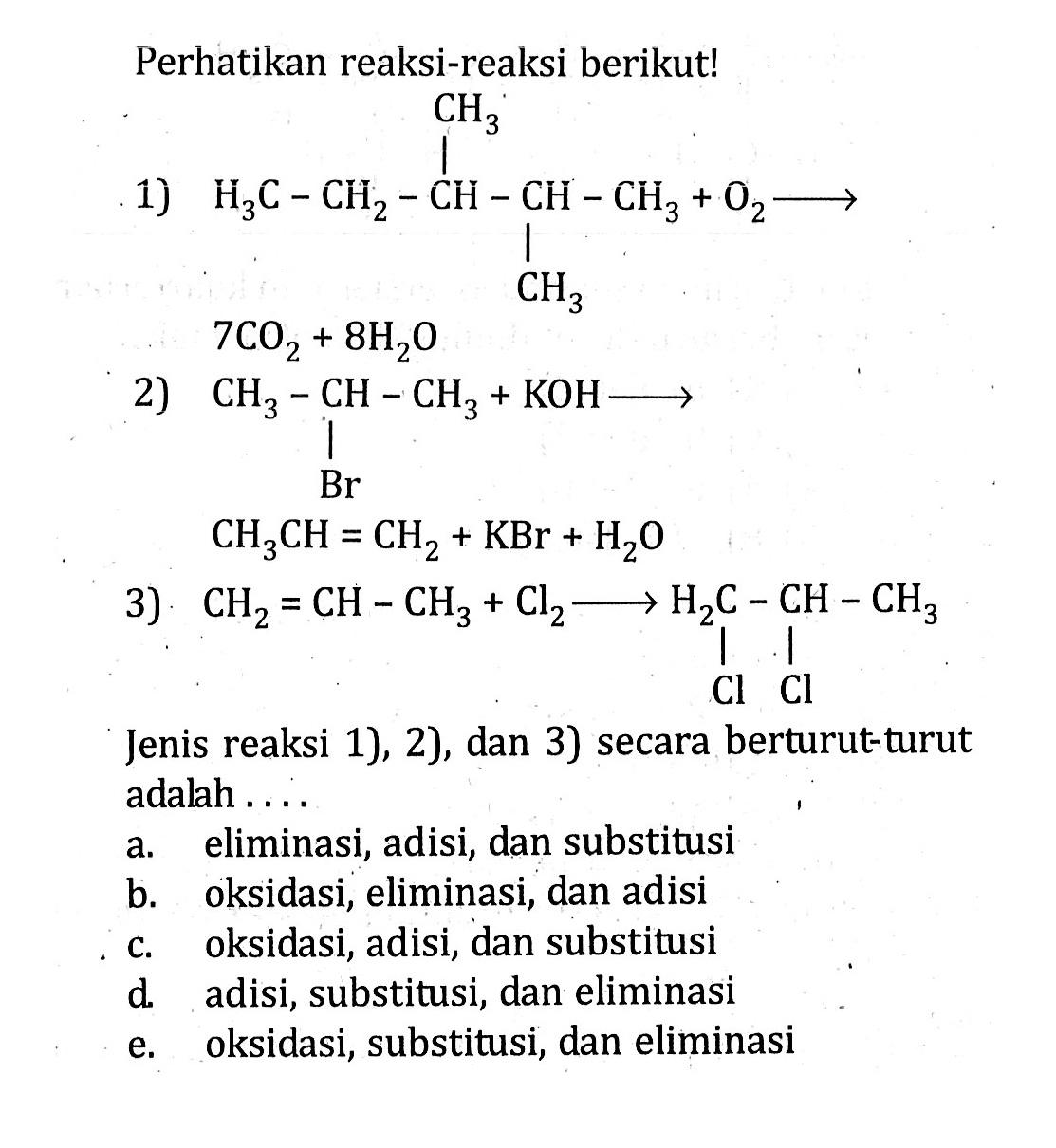 Perhatikan reaksi-reaksi berikut! Jenis reaksi 1), 2), dan 3) secara berturut-turut adalah ....