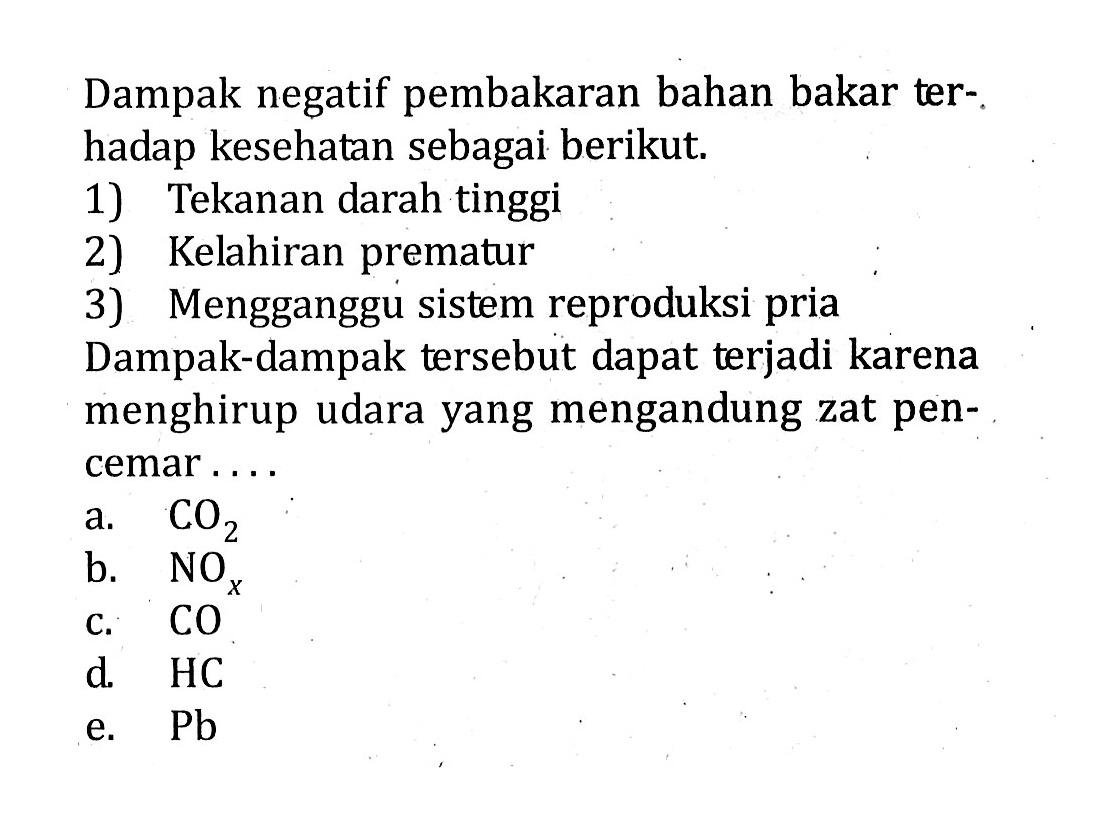 Dampak negatif pembakaran bahan bakar terhadap kesehatan sebagai berikut.1) Tekanan darah tinggi2) Kelahiran prematur3) Mengganggu sistem reproduksi priaDampak-dampak tersebut dapat terjadi karena menghirup udara yang mengandung zat pencemar....