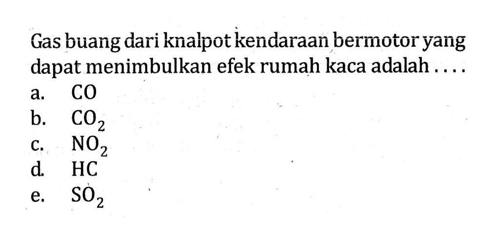 Gas buang dari knalpot kendaraan bermotor yang dapat menimbulkan efek rumah kaca adalah ....