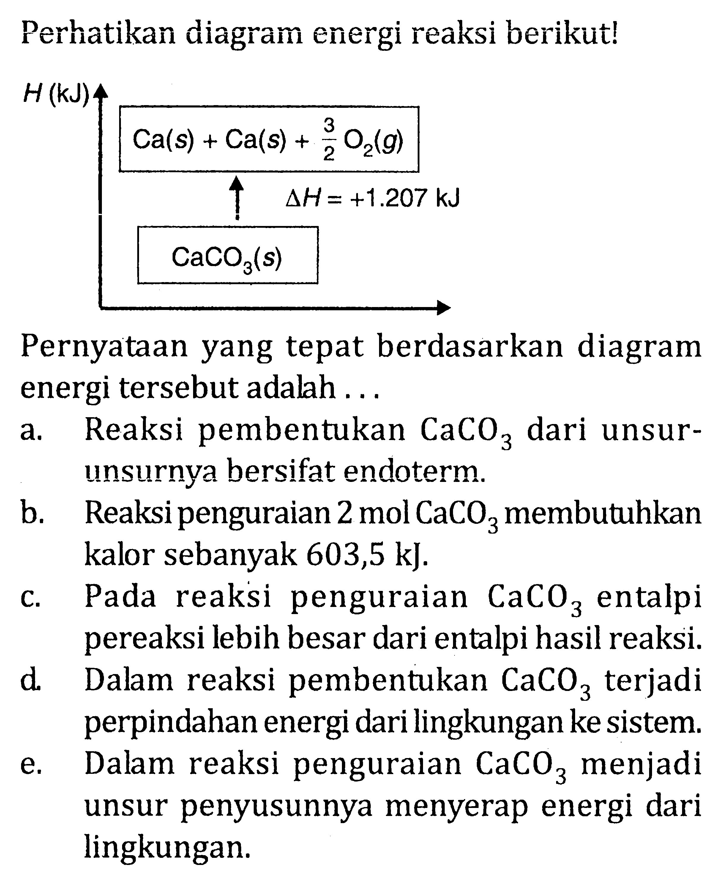 Perhatikan diagram energi reaksi berikut! H (kJ) Ca(s) + Ca(s) + 3/2 O2(g) delta H = +1,207 kJ CaCO3(s) Pernyataan yang tepat berdasarkan diagram energi tersebut adalah . . . .