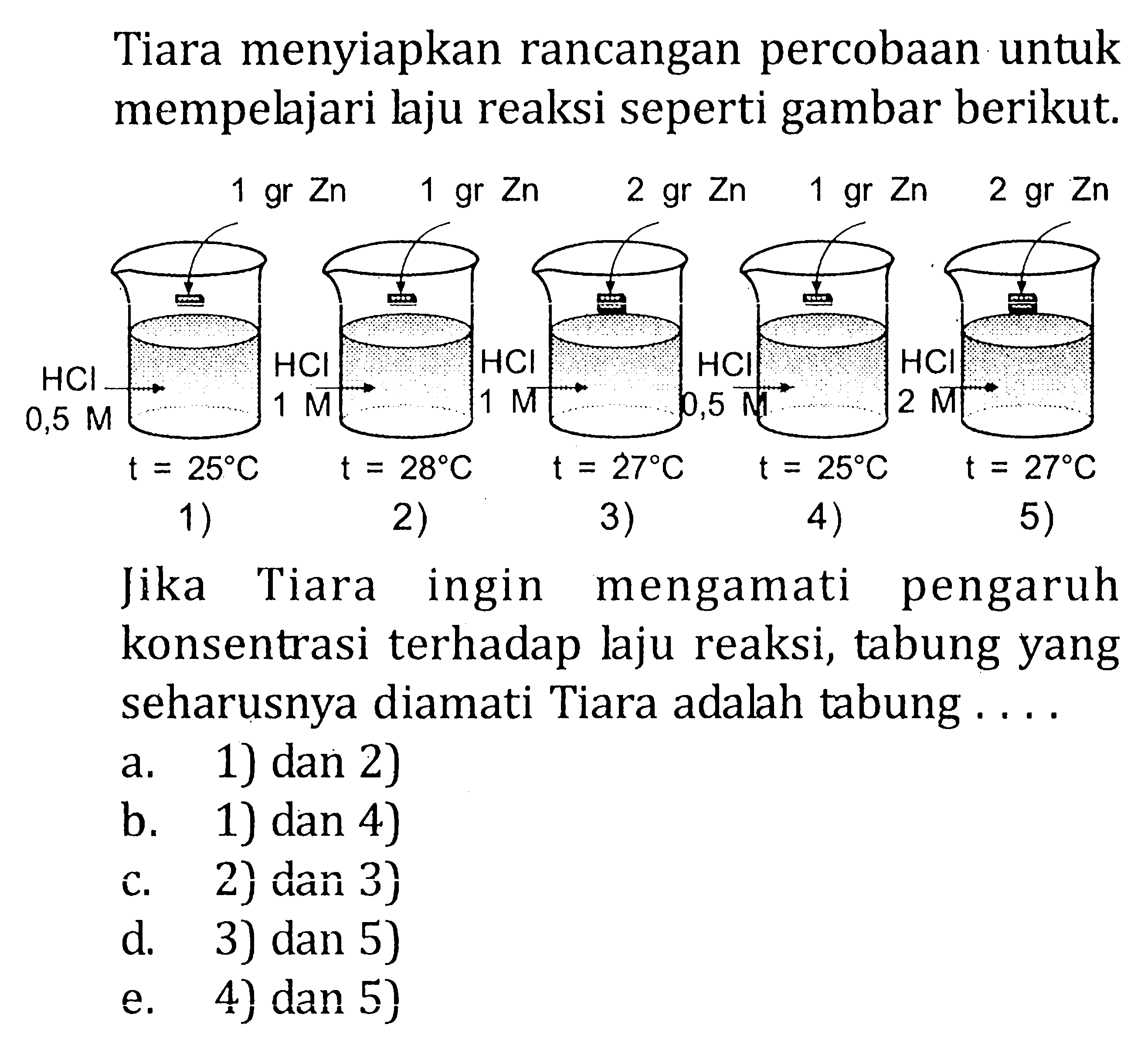 Tiara menyiapkan rancangan percobaan untuk mempelajari laju reaksi seperti gambar berikut. 1 gr Zn 1 gr Zn 2 gr Zn 1 gr Zn 2 gr Zn HCl 0,5 M HCl 1 M HCl 1 M HCl 0,5 M HCl 2 M t = 25 C t = 28 C t = 27 C t = 25 C t = 27 C Jika Tiara ingin mengamati pengaruh konsentrasi terhadap laju reaksi, tabung yang seharusnya diamati tiara adalah tabung .....