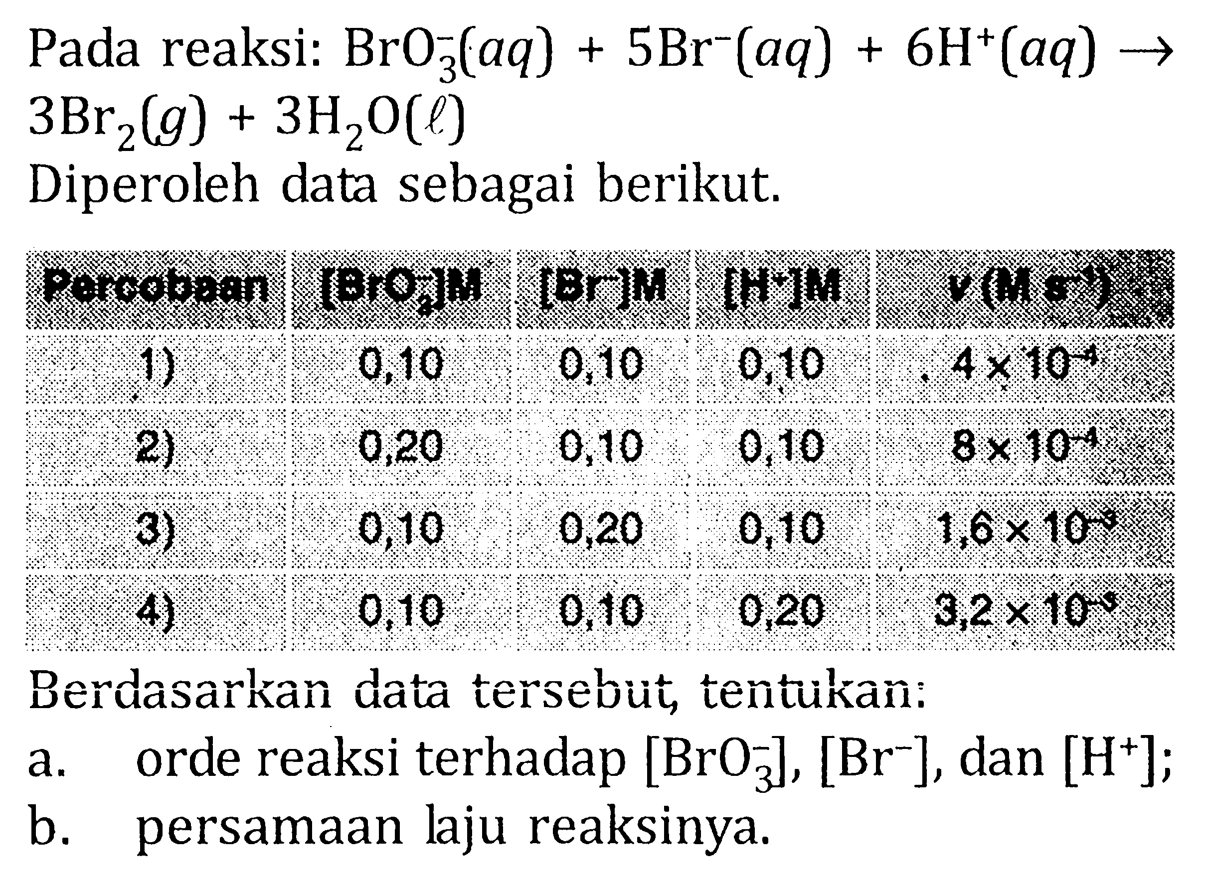 Pada reaksi: BrO3^- (aq) + 5Br^- (aq) + 6H^+ (aq) -> 3Br2 (g) + 3H2O (l) Diperoleh data sebagai berikut. Percobaan [BrO3^-] M [Br^-] M [H^+] M v (M s^(-1)) 1) 0,10 0,10 0,10 4 x 10^(-4) 2) 0,20 0,10 0,10 8 x ^(-4) 3) 0,10 0,20 0,10 1,6 x ^(-3) 4) 0,10 0,10 0,20 3,2 x ^(-3) Berdasarkan data tersebut, tentukan: a. orde reaksi terhadap [BrO3^-], [Br^-], dan [H^+]; b. persamaan laju reaksinya.