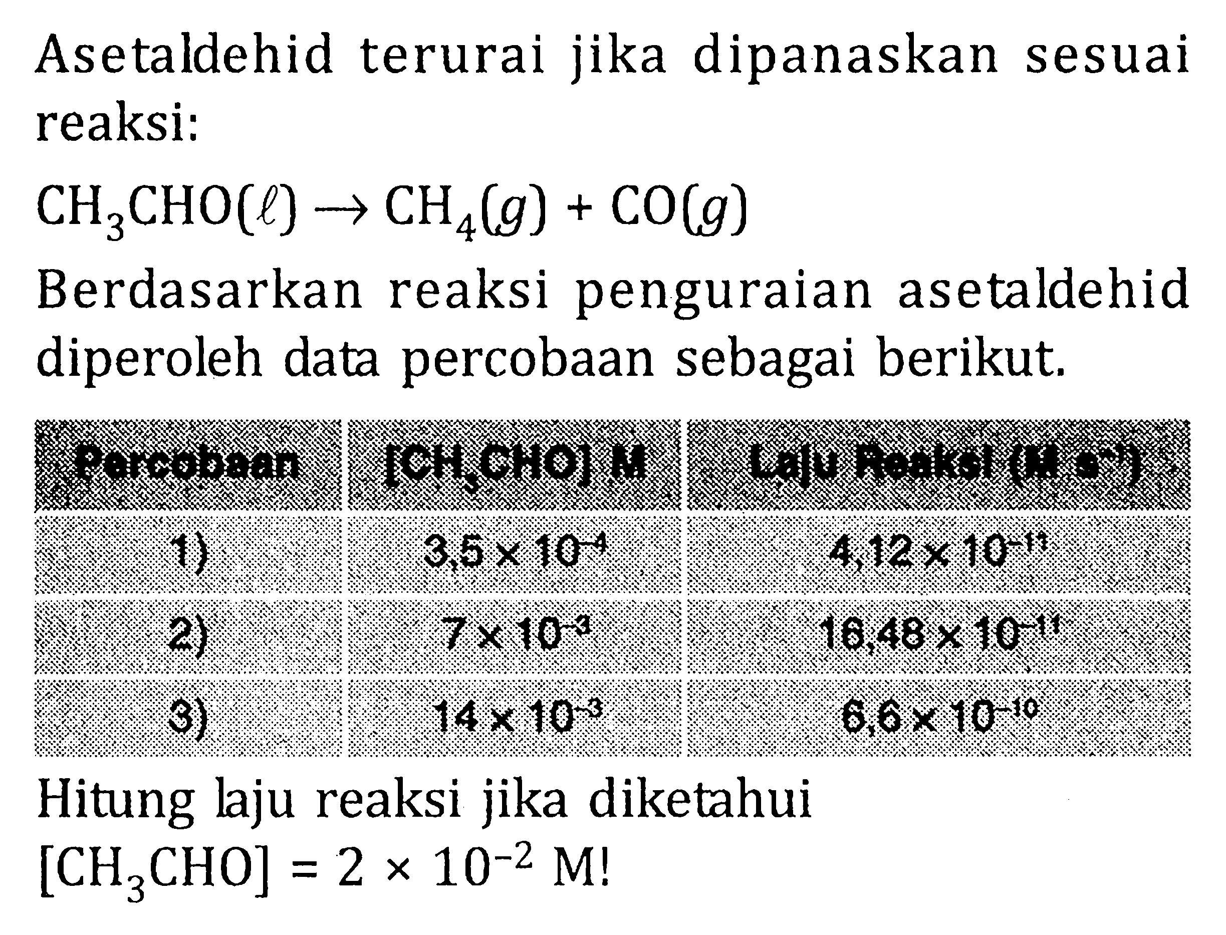 Asetaldehid terurai jika dipanaskan sesuai reaksi: CH3CHO (l) -> CH4 (g) + CO (g) Berdasarkan reaksi penguraian asetaldehid diperoleh data percobaan sebagai berikut. Percobaan [CH3CHO] M Laju Reaksi (M s^(-1)) 1) 3,5 x 10^(-4) 4,12 x 10^(-11) 2) 7 x 10^(-3) 16,48 x 10^(-11) 3) 14 x 10^(-3) 6,6 x 10^(-10) Hitung laju reaksi jika diketahui [CH3CHO] = 2 x 10^(-2) M!