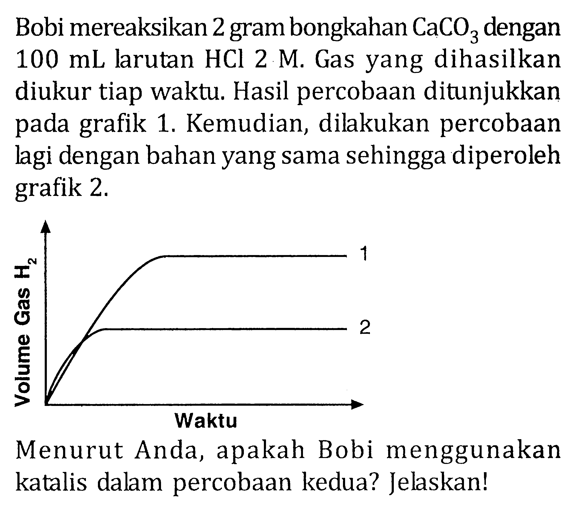 Bobi mereaksikan 2 gram bongkahan CaCO3 dengan 100 mL larutan HCL 2 M. Gas yang dihasilkan diukur tiap waktu. Hasil percobaan ditunjukkan pada grafik 1. Kemudian, dilakukan percobaan lagi dengan bahan yang sama sehingga diperoleh grafik 2. Menurut Anda, apakah Bobi menggunakan katalis dalam percobaan kedua? Jelaskan!