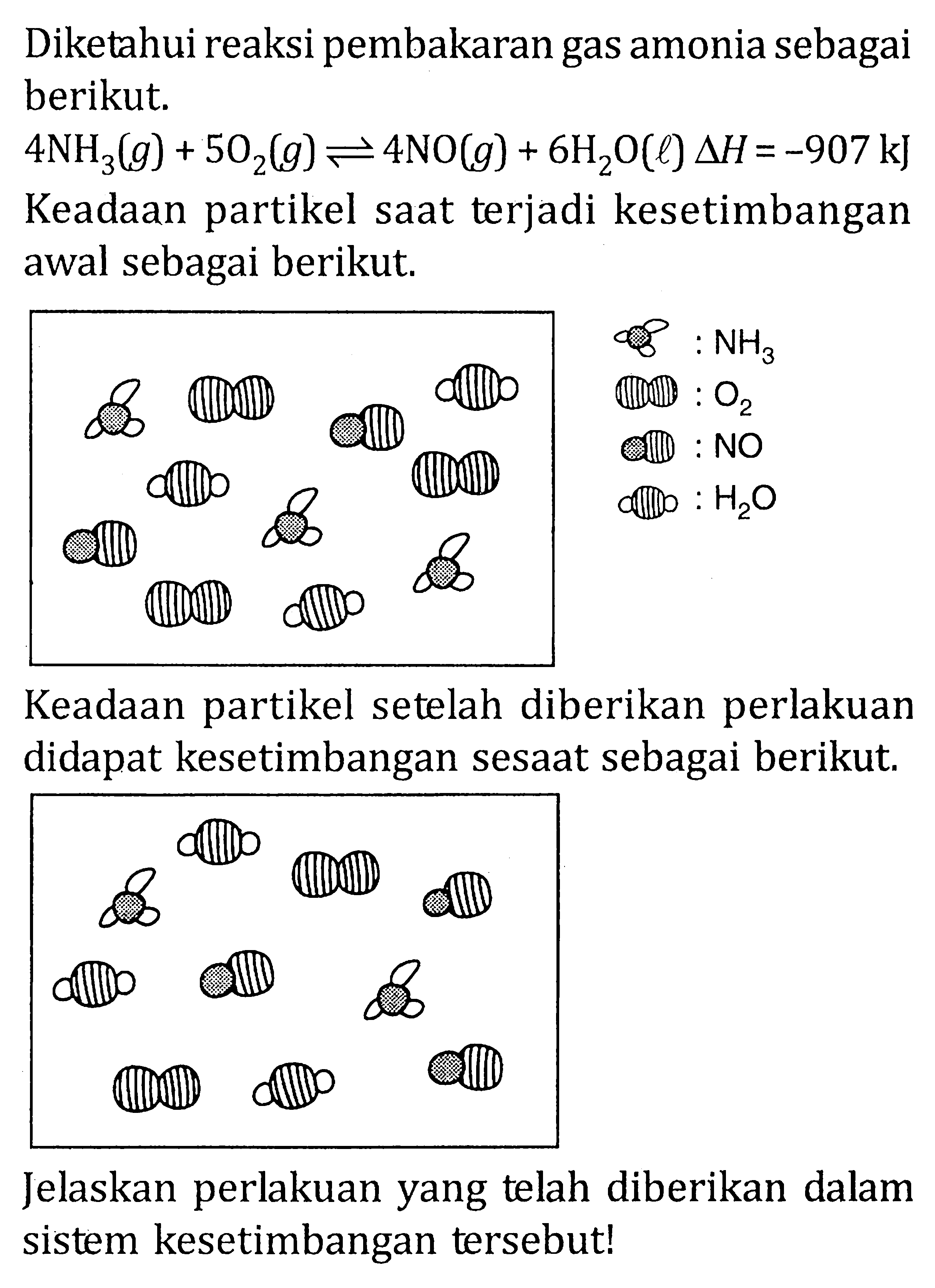 Diketahui reaksi pembakaran gas amonia sebagai berikut. 4NH3(g) + 5O2(g) <=> 4NO(g) + 6H20(l) deltaH = -907 kJ Keadaan partikel saat terjadi kesetimbangan awal sebagai berikut. NH3 O2 NO H2O Keadaan partikel setelah diberikan perlakuan didapat kesetimbangan sesaat sebagai berikut. Jelaskan perlakuan yang telah diberikan dalam sistem kesetimbangan tersebut!