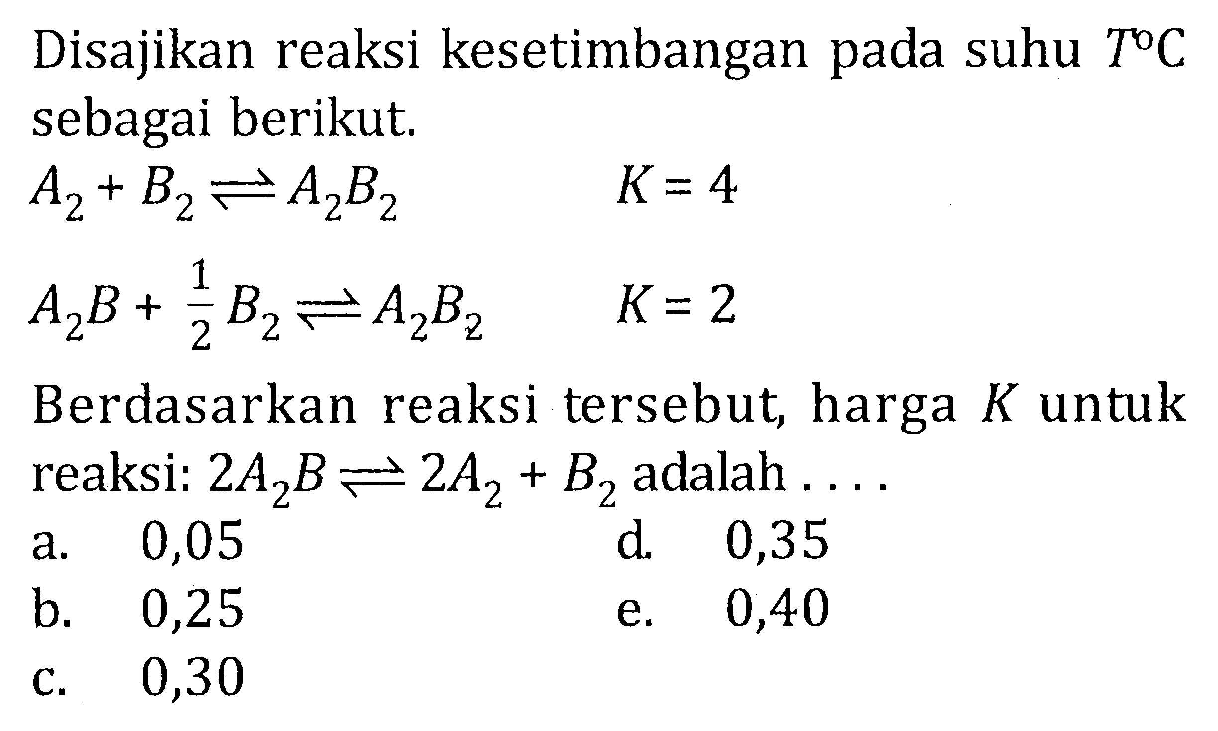 Disajikan reaksi kesetimbangan pada suhu T C sebagai berikut. A2 + B2 <=> A2B2 K=4 A2B + 1/2 B2 <=> A2B2 K=2 Berdasarkan reaksi tersebut harga K untuk reaksi: 2A2B <=> 2A2 + B2 adalah . . . .