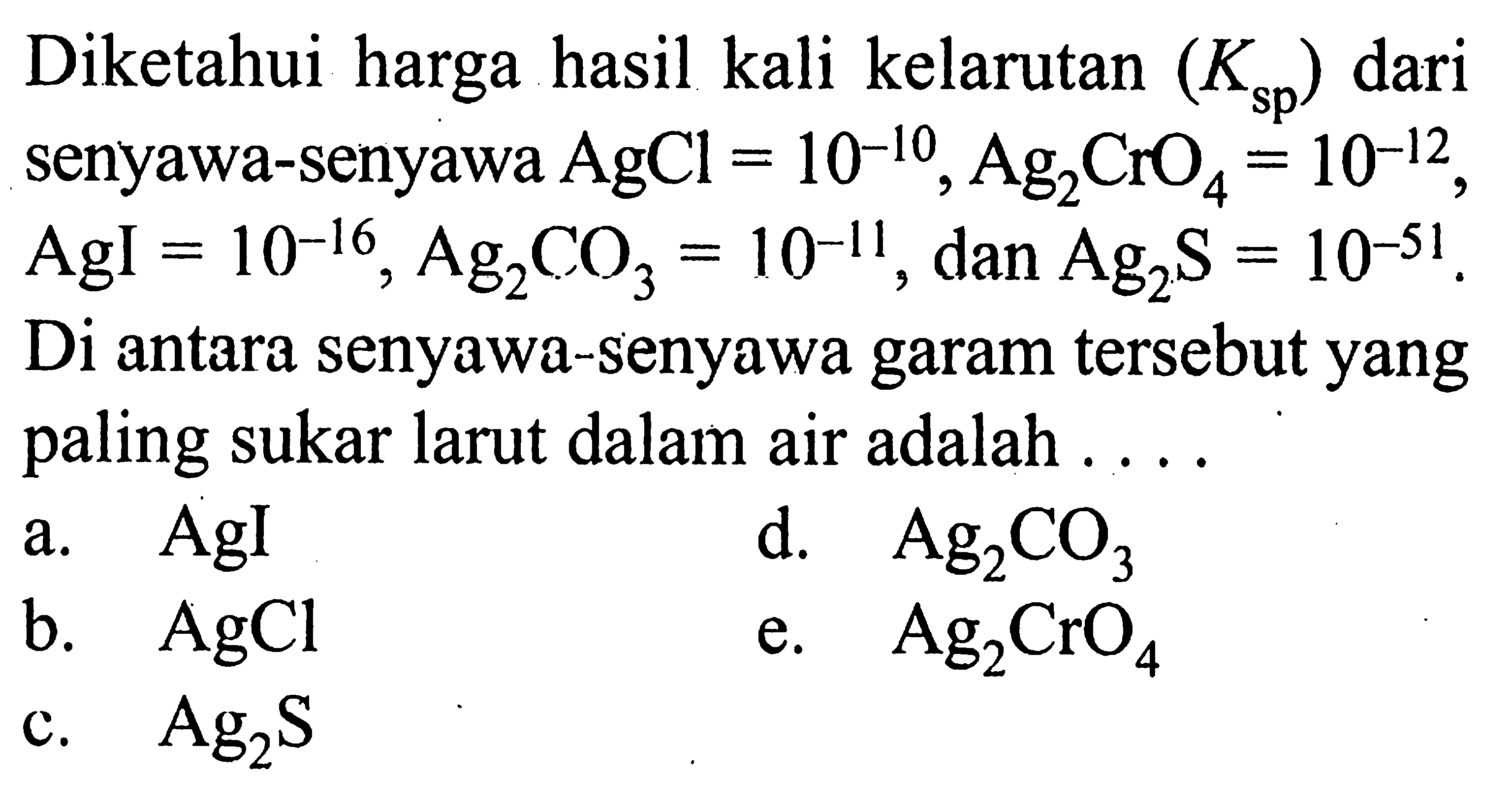Diketahui harga hasil kali kelarutan (Ksp) dari senyawa-senyawa AgCl=10^(-10), Ag2CrO4=10^(-12), AgI=10^(-16), Ag2CO3=10^(-11), dan Ag2S=10^(-51). Di antara senyawa-senyawa garam tersebut yang paling sukar larut dalam air adalah ....