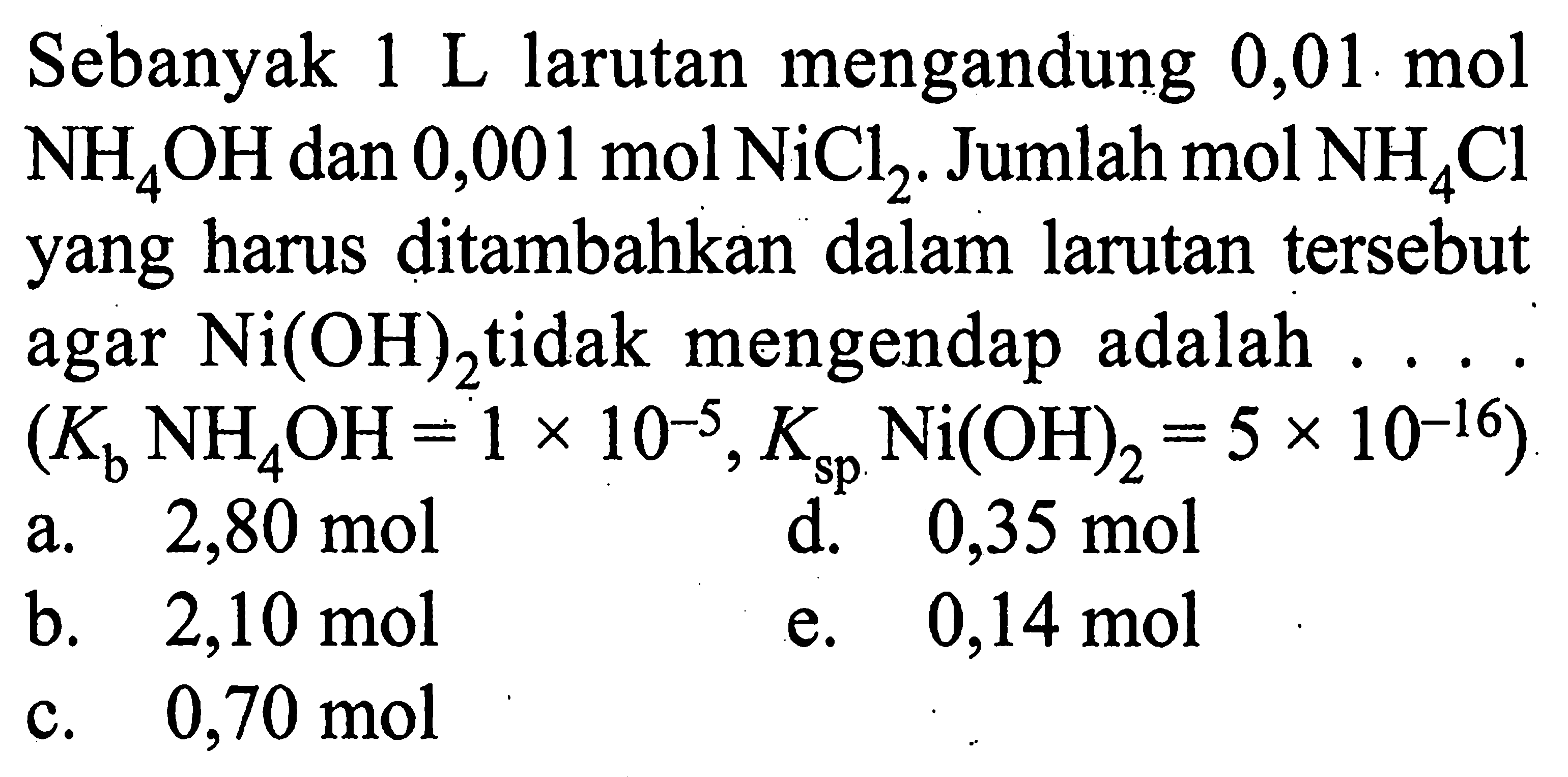 Sebanyak 1 L larutan mengandung 0,01 mol NH4OH dan 0,001 mol NiCl2. Jumlah mol NH4Cl yang harus ditambahkan dalam larutan tersebut agar Ni(OH)2 tidak mengendap adalah .... (Kb NH4OH=1x10^-5, Ksp Ni(OH)2=5x10^-16)